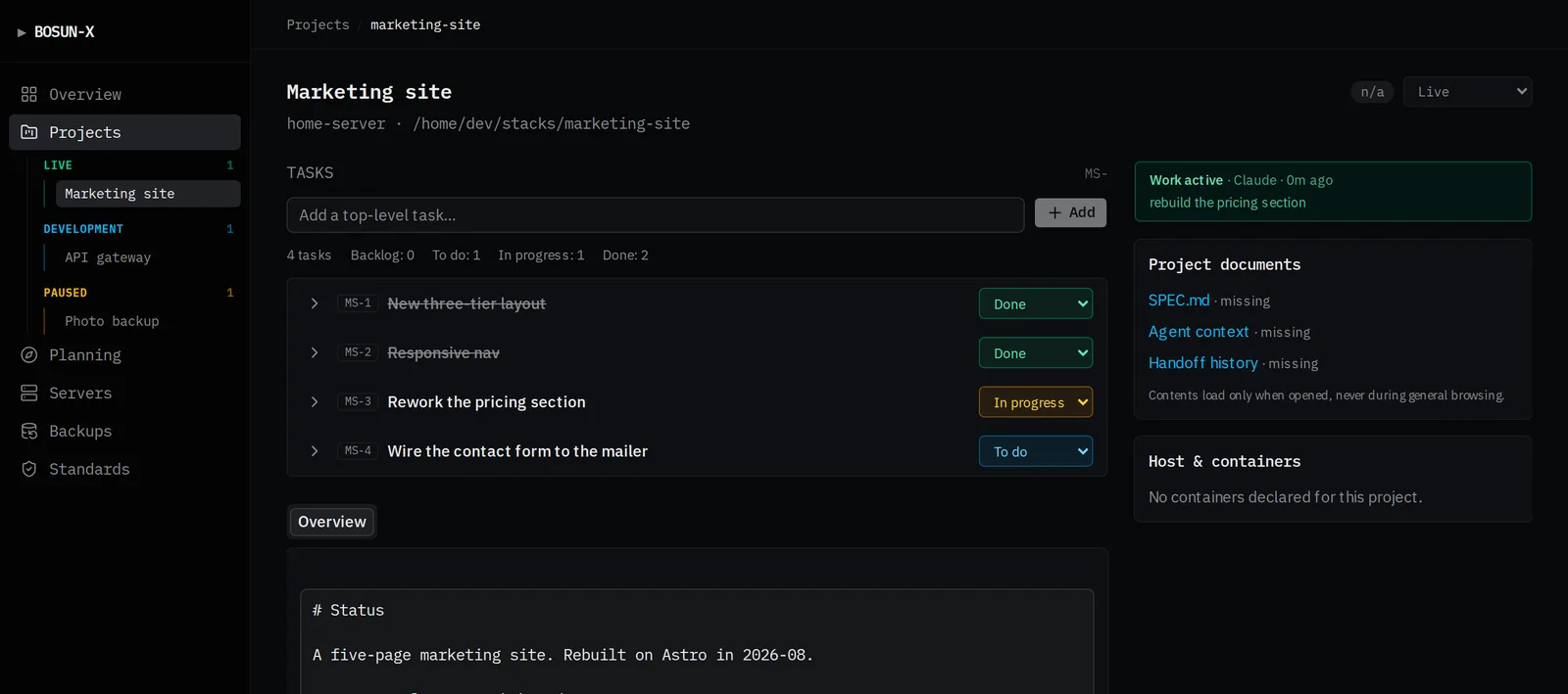 The dashboard detail page for a demo project, showing its tasks, active handoff, and project documents.