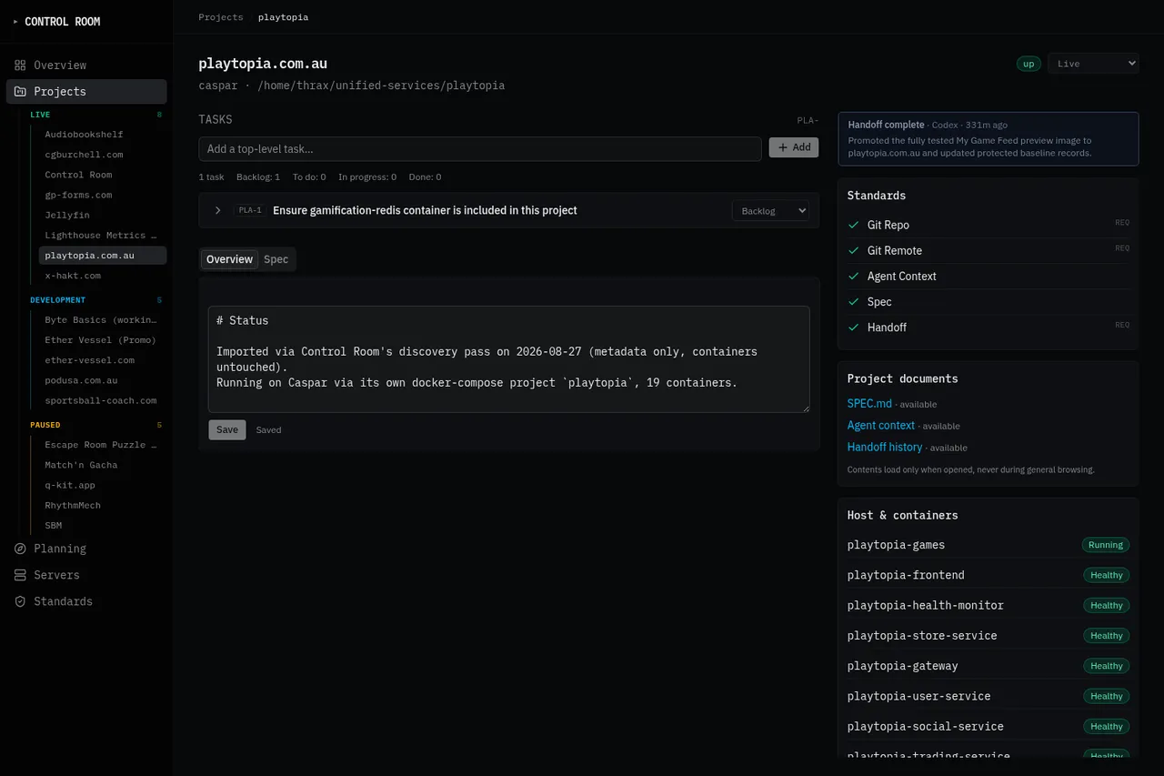 The bosun-x detail page for the playtopia project, showing its status, running containers, standards results and latest handoff.
