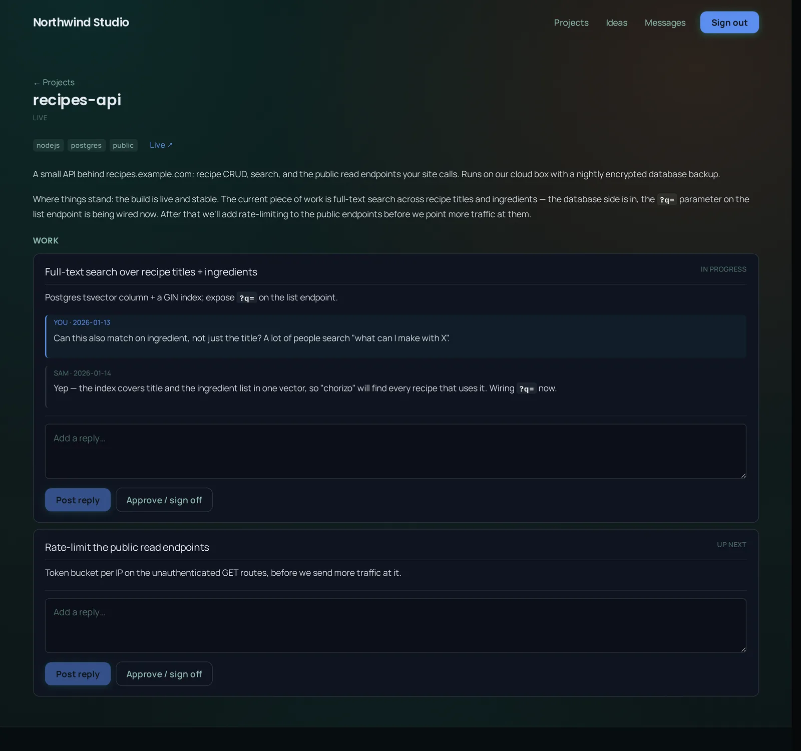 The client portal project page for a demo 'recipes-api' project, showing a hand-written summary, two shared tasks, a conversation thread with the client's own reply highlighted, and Post reply and Approve buttons.